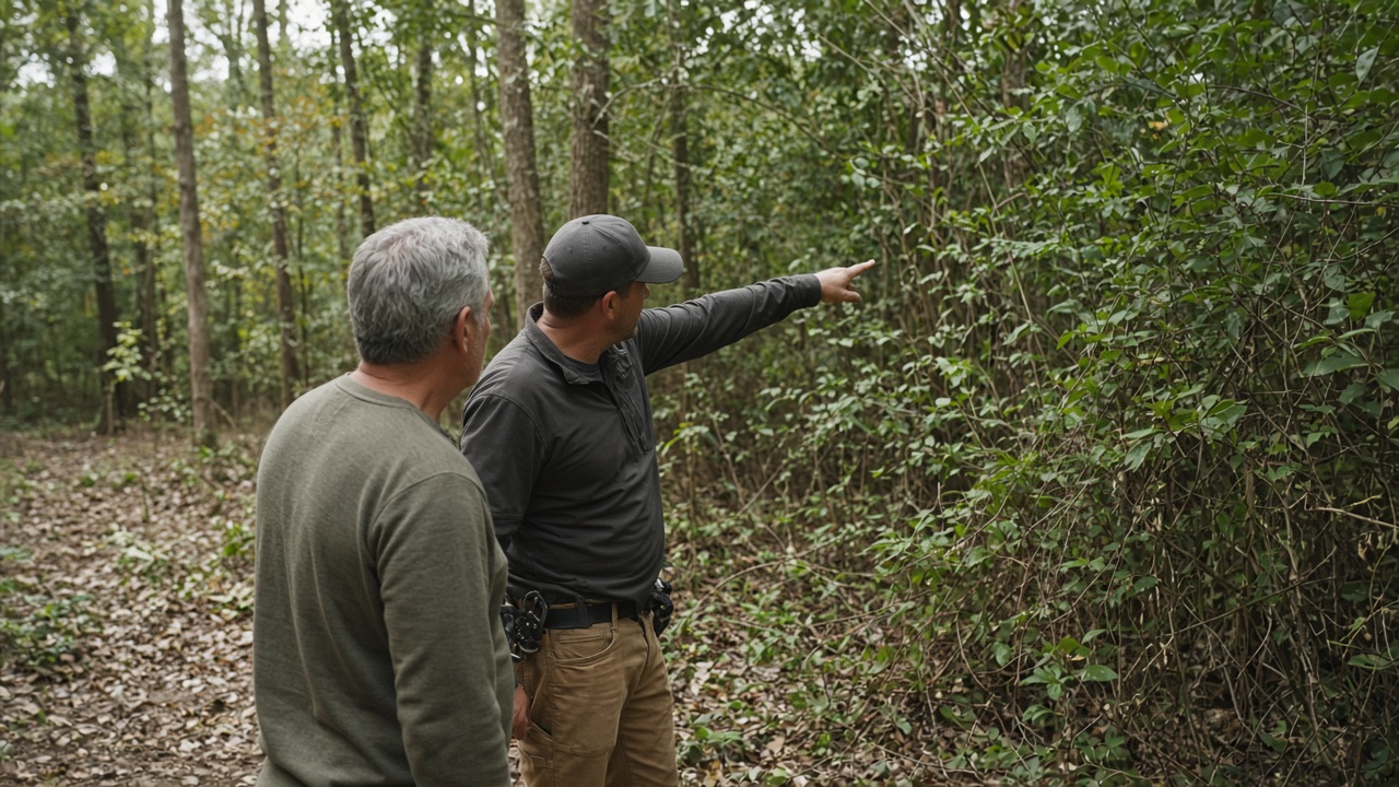 Contractor walking a wooded property to discuss clearing needs
