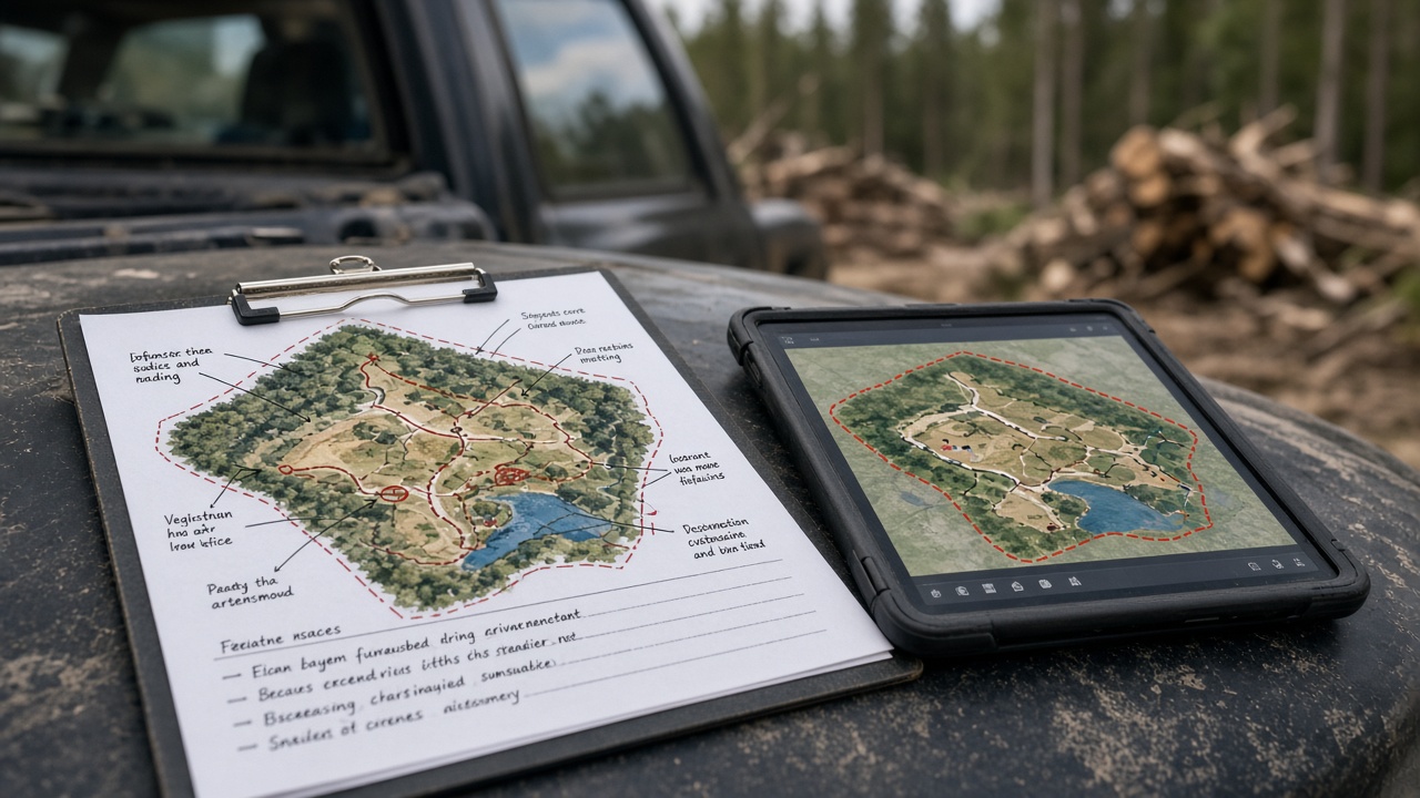 Custom land clearing plan reviewed on a jobsite clipboard