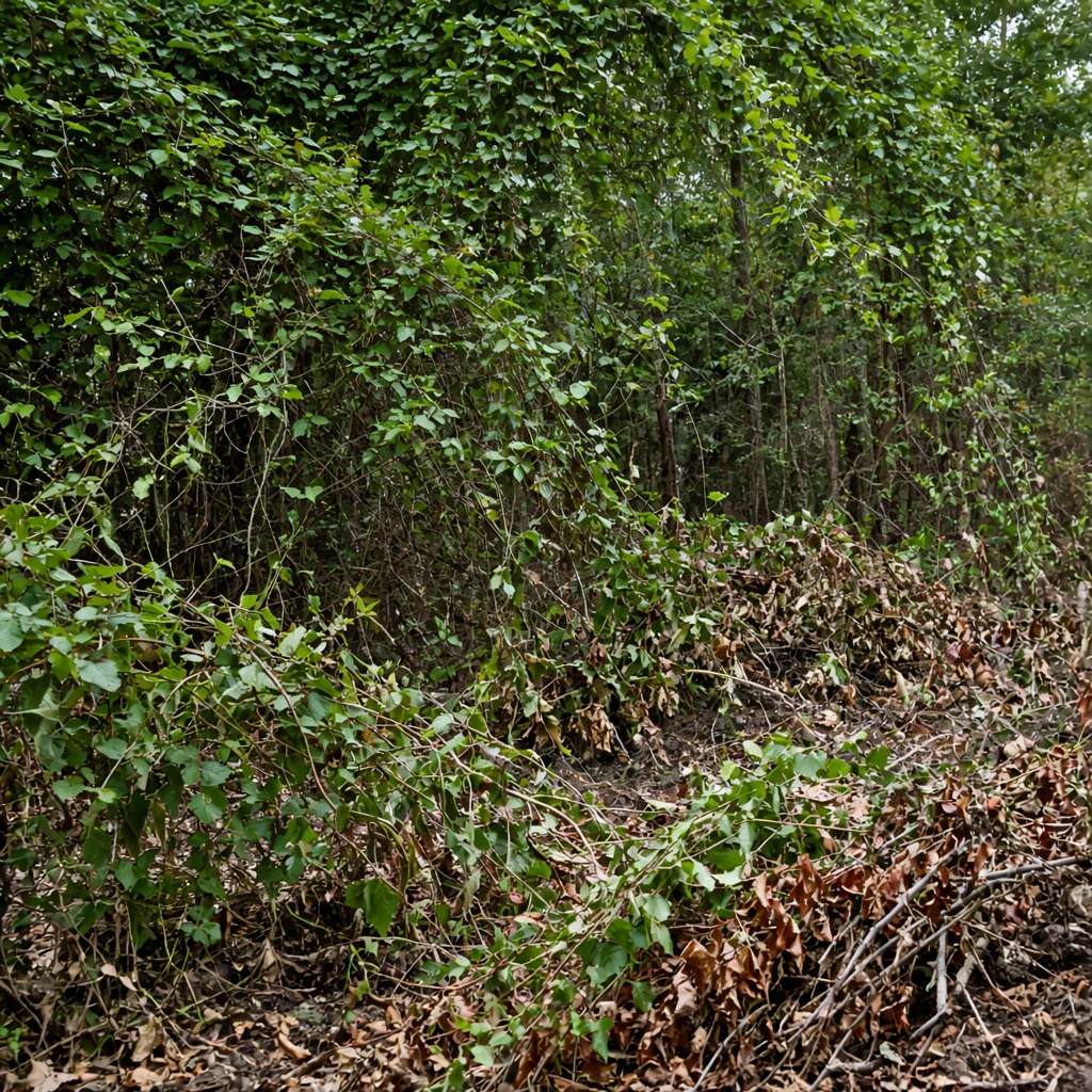 Dense underbrush along a wooded property line before clearing