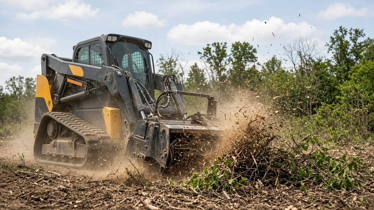 Skid steer mulching head clearing brush on a wooded lot