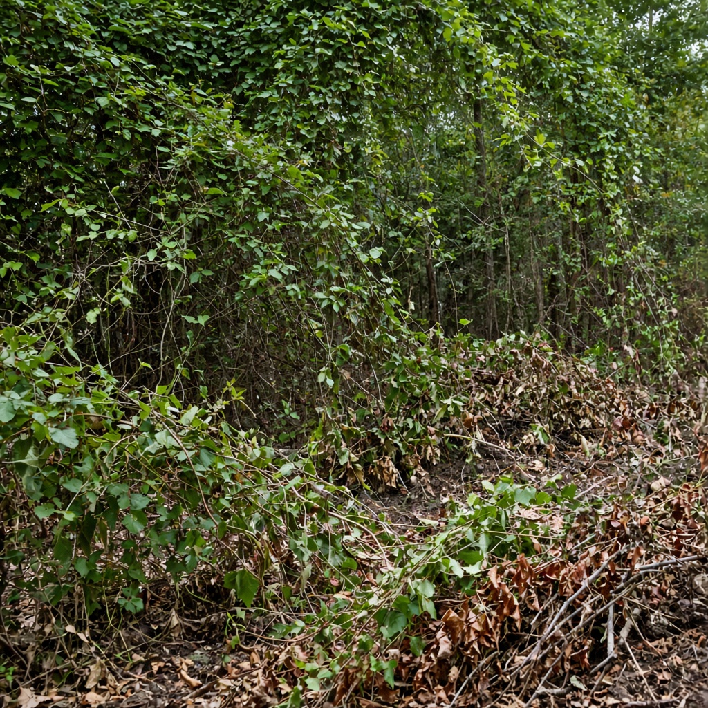 Dense underbrush along a property line before clearing