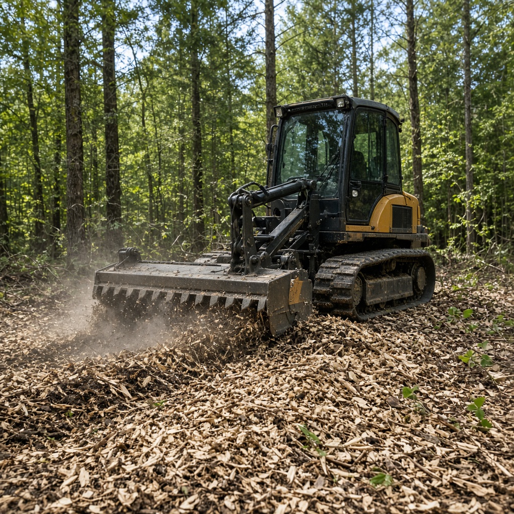 Forestry mulcher grinding brush into wood chips