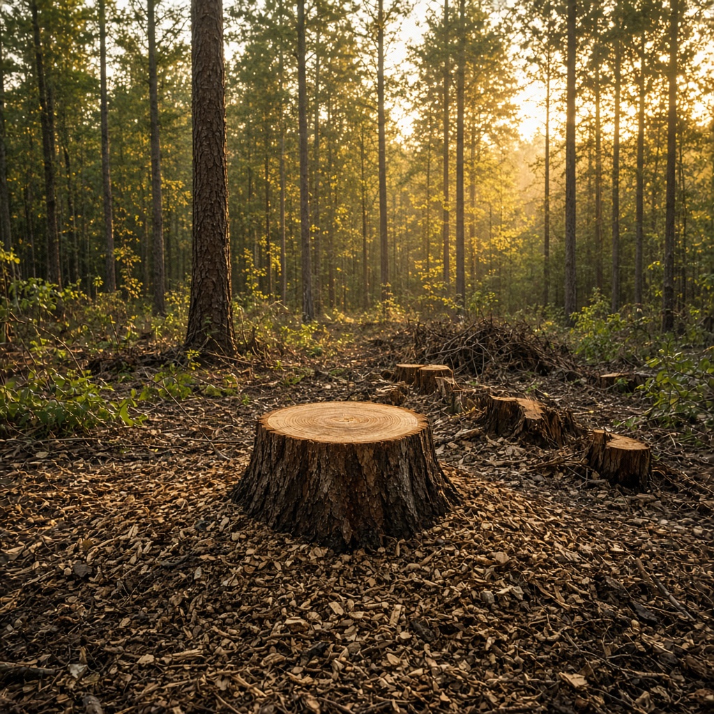 Selective tree and stump clearing with mulched ground cover