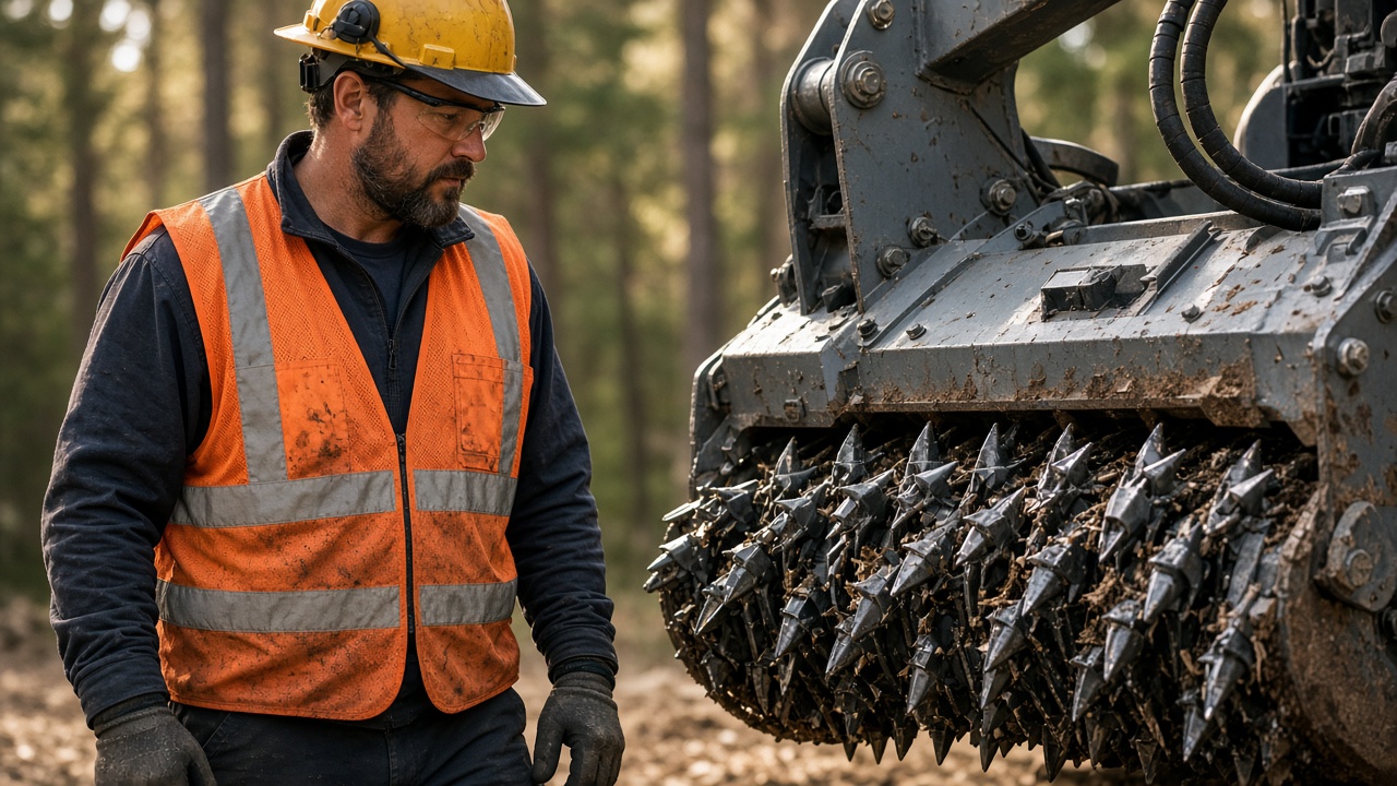 Land clearing crew member with a skid steer mulching attachment